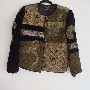 Vintage '90S Allure Petite Black Green Patchwork Paisley Tapestry Jacket PXS